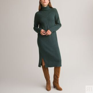 Платье-миди прямое из трикотажа длинные рукава  40/42 зеленый