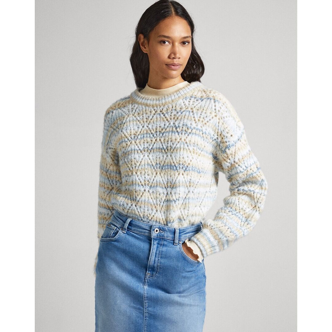 Пуловер из ажурного трикотажа с круглым вырезом  L бежевый