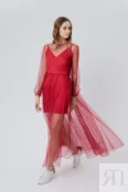 Платье из сетки с длинным рукавом бордовое YouStore