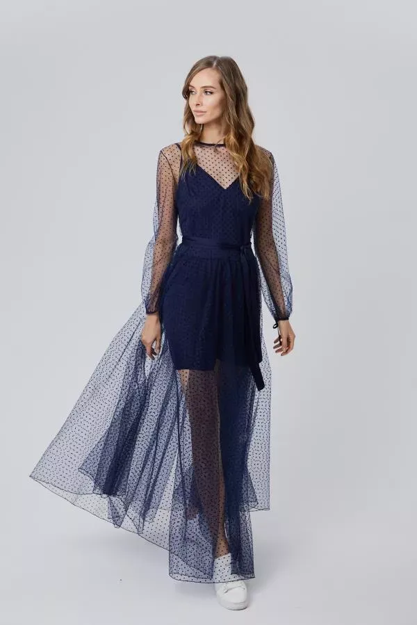 Платье из сетки с длинным рукавом синее YouStore