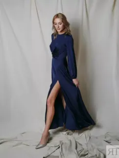 Платье из вискозы с глубоким разрезом на бедре темно-синее YouStore