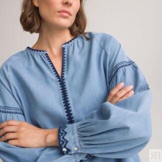 Блузка объемная из денима с тунисским вырезом и вышивкой  38 (FR) - 44 (RUS