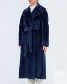 Пальто меховое с поясом темно синее LENOCI