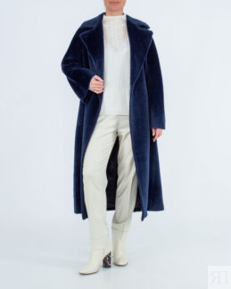 Пальто меховое с поясом темно синее LENOCI
