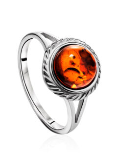 Нежное кольцо «Ампир» с коньячным янтарём