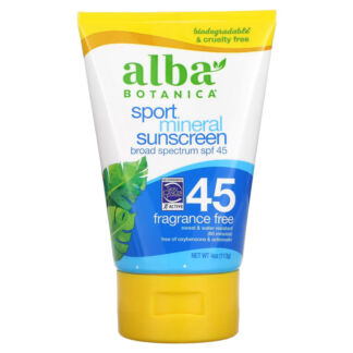 Alba Botanica, Sport, минеральный солнцезащитный крем, SPF 45, без отдушек,
