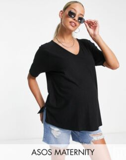 Черная футболка оверсайз с v-образным вырезом в рубчик ASOS DESIGN Maternit