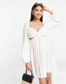 Чайное мини-платье с вырезами Topshop Twist цвета слоновой кости 117578455 фото 2