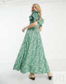 Зеленое платье миди с пышными рукавами и цветочным принтом Reclaimed Vintag