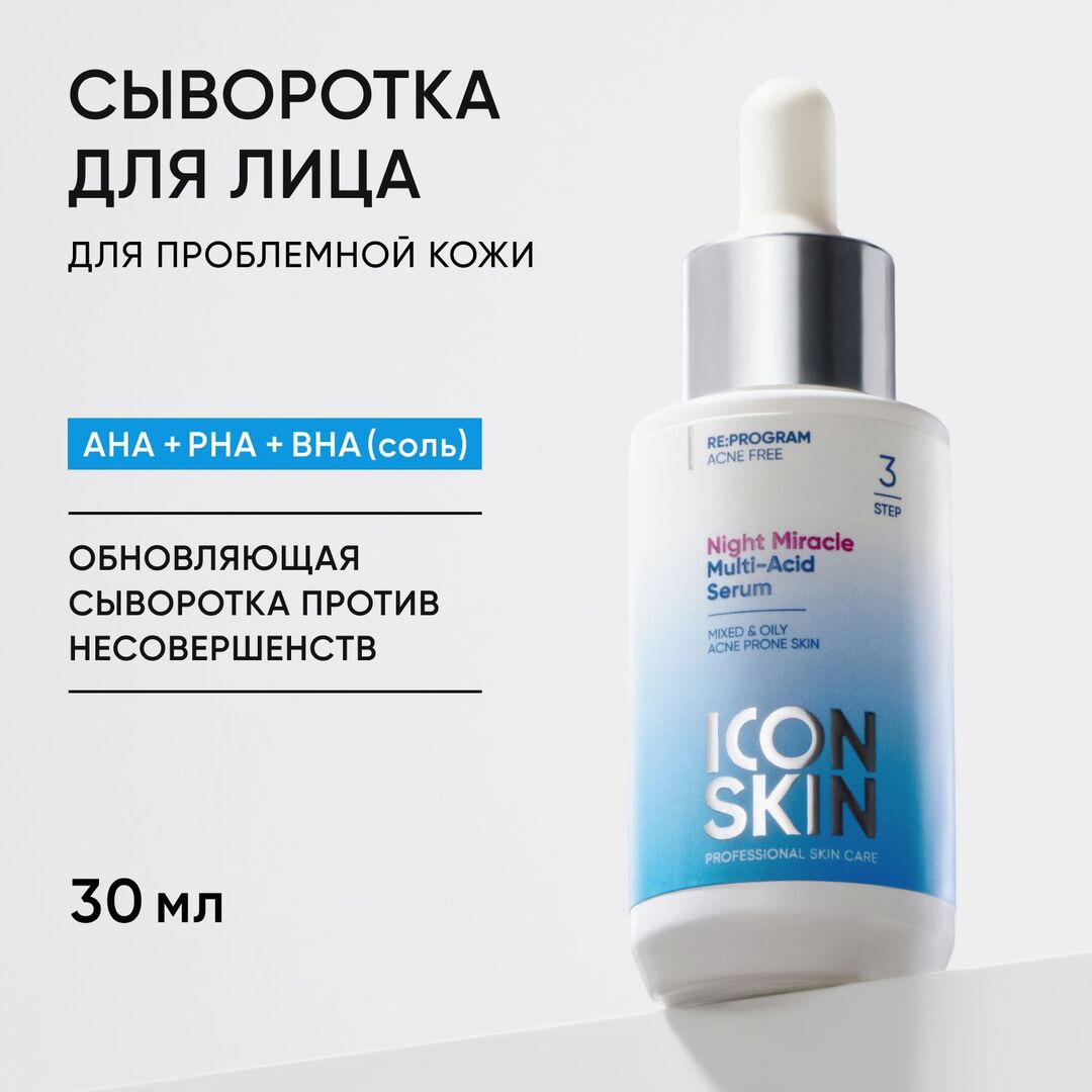 ICON SKIN Сыворотка для лица Night Miracle от прыщей акне и черных точек , фото 1