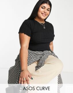 Черная приталенная футболка в рубчик с салатовым краем ASOS DESIGN Curve