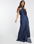 Синее атласное платье макси с рюшами на шее ASOS EDITION 113486824 фото 1