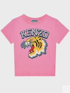 Футболка с принтом "тигр" и лого, розовая KENZO