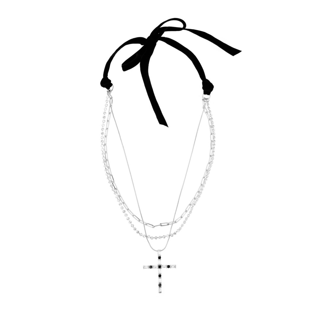 Колье Silver Layered Necklace With A Cross And Black Crystals FREE FORM фото 1