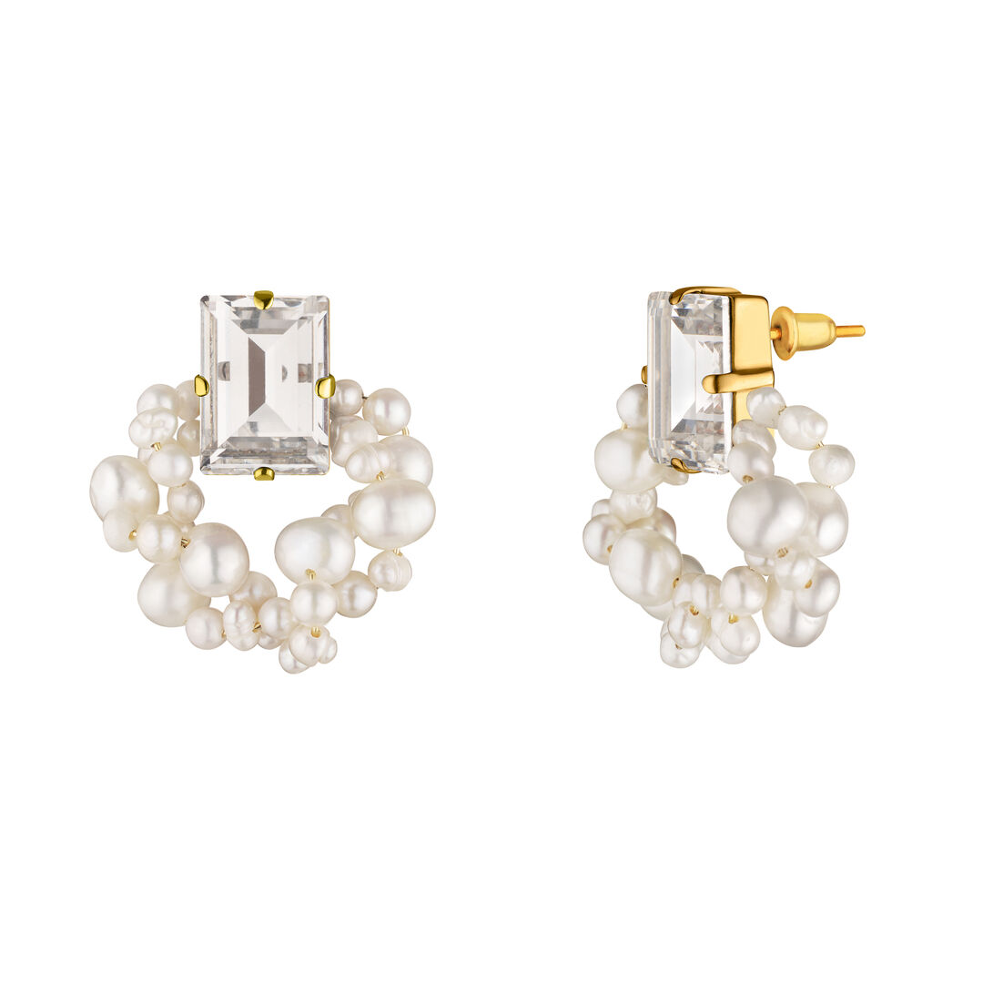 Серьги Step Cut Pearl Crystal Gold Earrings PHENOMENAL STUDIO фото 1