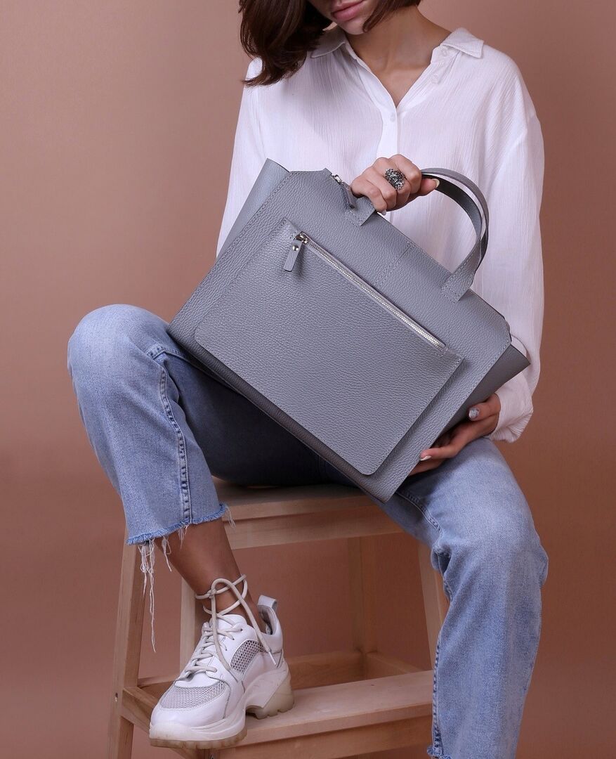 Женская кожаная сумка тоут серая A018 grey grain
