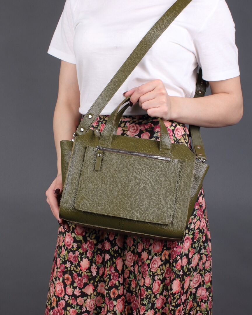 Женская сумка тоут из натуральной кожи хаки A018 khaki mini grain